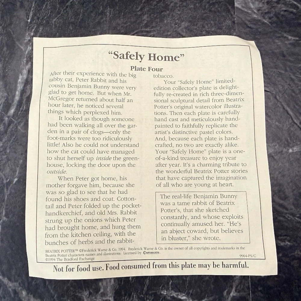 1994 THE BRADFORD EXCHANGE “Safely Home” Plate #A3117